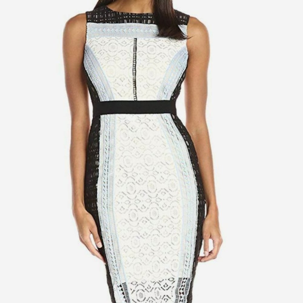 Jax Black Label Womens White Blue Black Colorblock Lace Sheath Dress Size 8